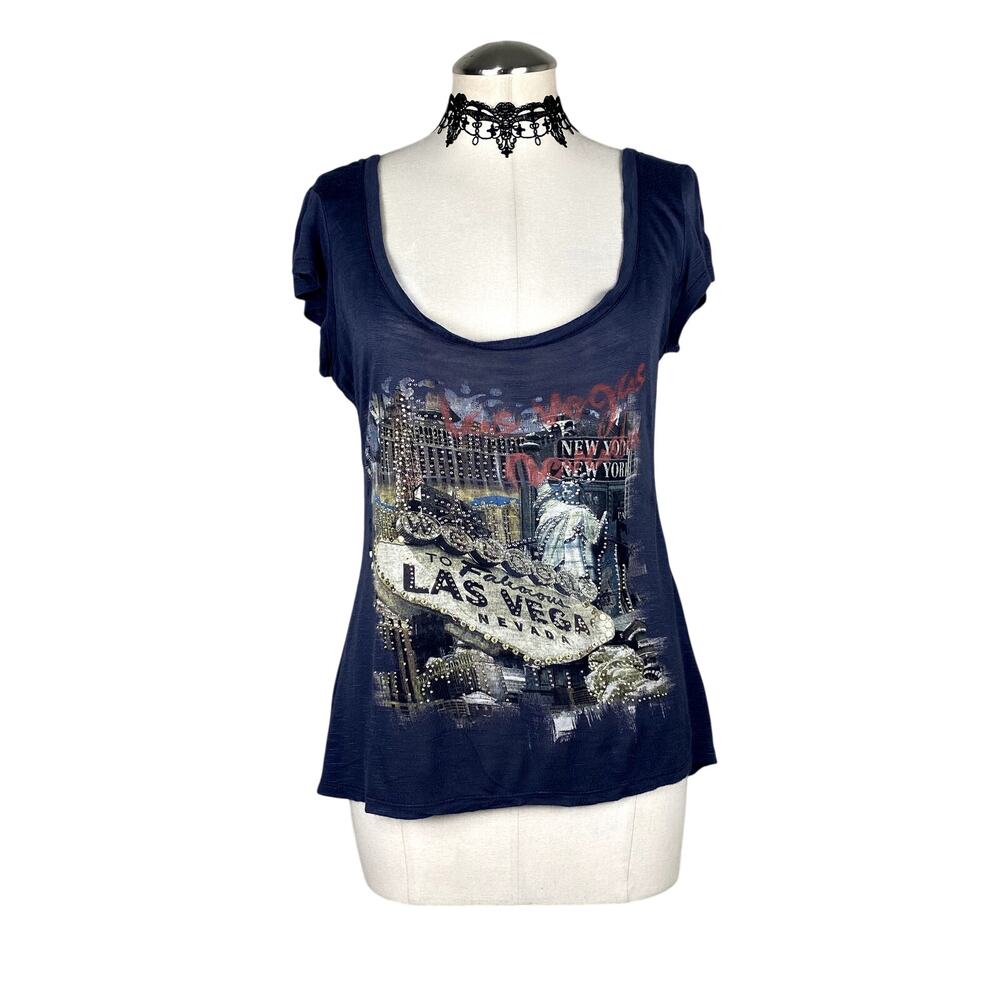 Vtg Y2K Banana Expression Rhinestone Las Vegas Open Neck Grunge Alt Baby Tee L